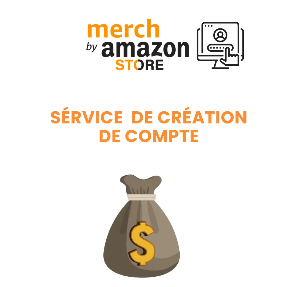Illustration d’un service d’inscription Merch by Amazon avec un logo et un sac d’argent symbolisant la création de comptes rentables et personnalisés.