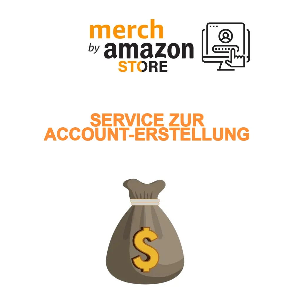 Illustration eines Merch-by-Amazon-Anmeldeservices mit Logo und Geldsack als Symbol für profitable, personalisierte Accounts.