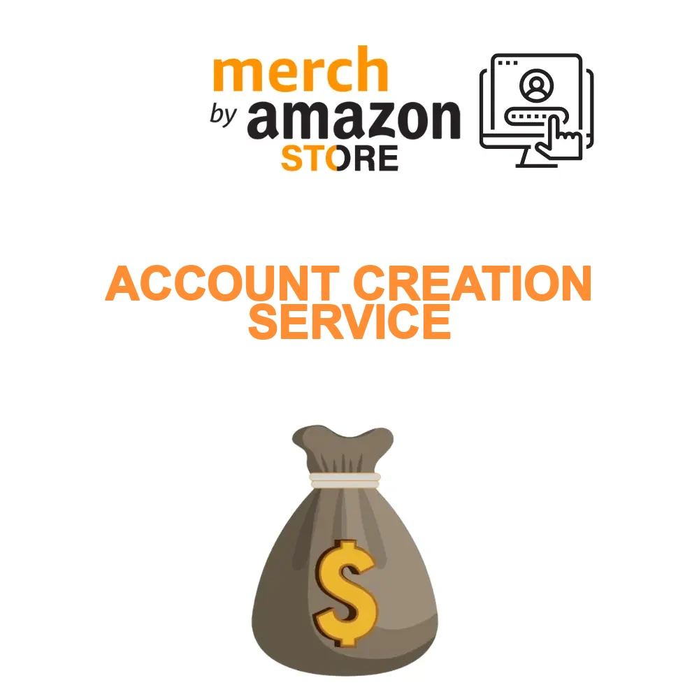 Illustration of a Merch by Amazon account creation service with a logo and a money bag symbolizing the creation of profitable, personalized accounts.